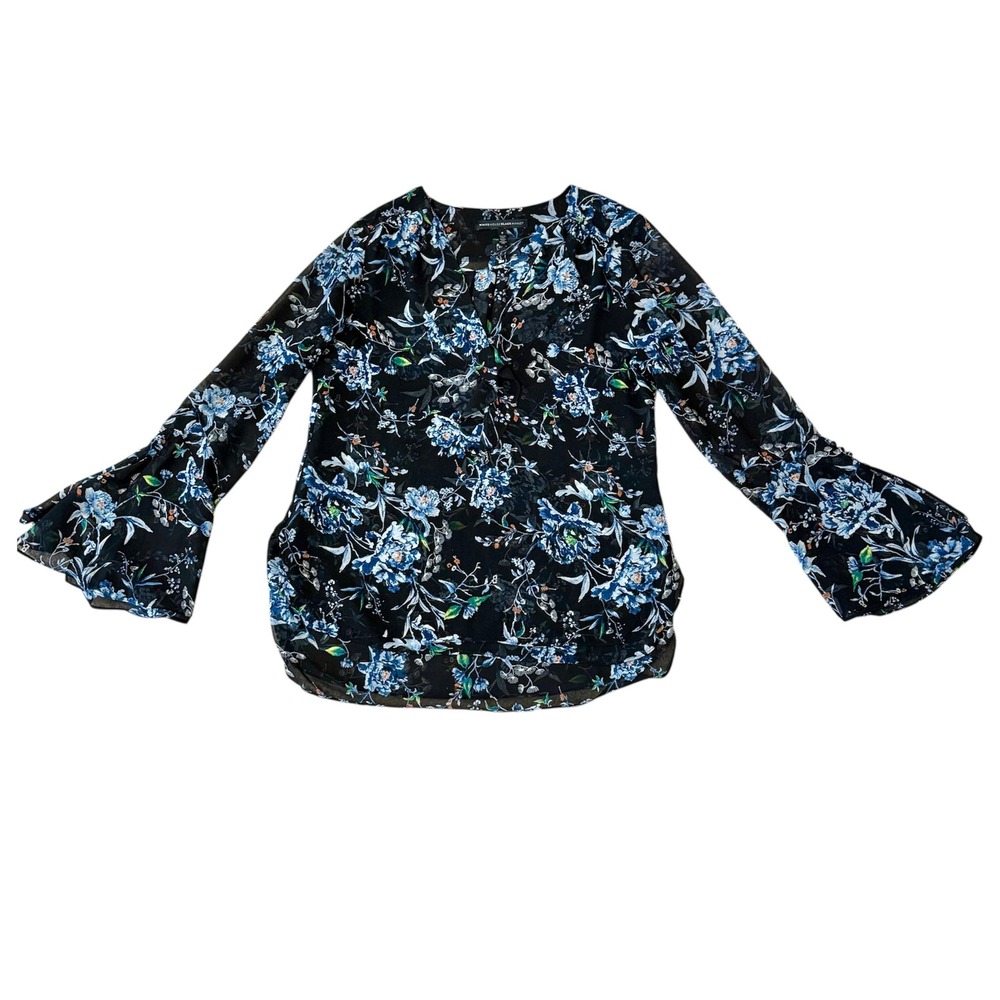 White House Black Market Sz-8 Floral‎ Ruffle V-Neck Bell Sleeve Top Black Blue
